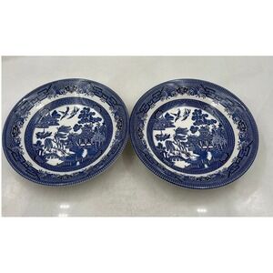 VTG Churchill Blue Willow Pattern Soup Bowl England Chinoiserie 7" Set of 2